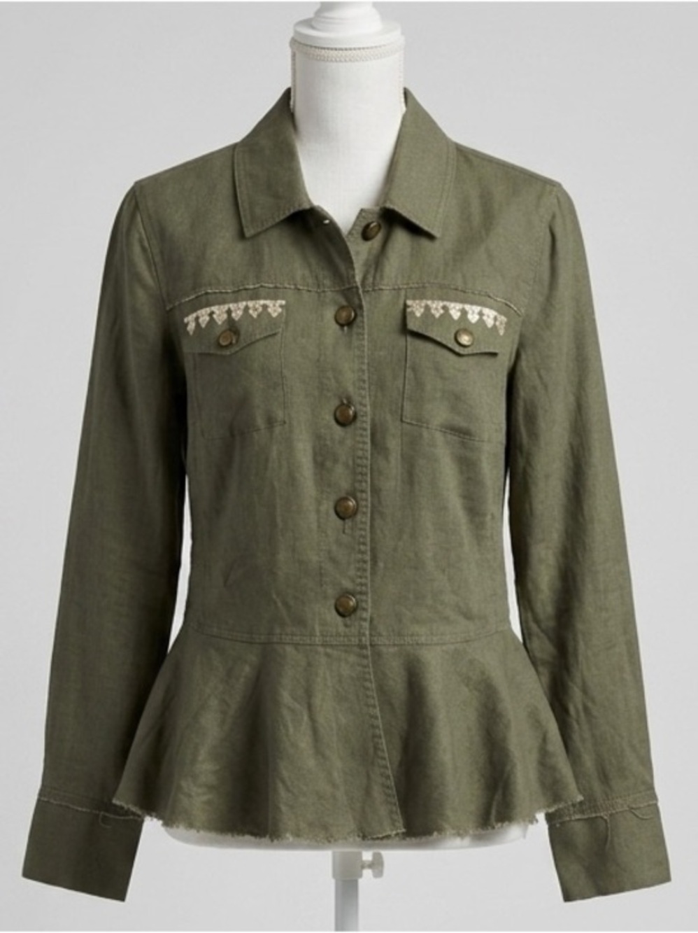INC Olive Green Linen Peplum Military Jacket Embroidered Back Size Medium